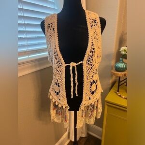 Awake brand crochet beaded vest with tie front.‎ Size S. 100% cotton.